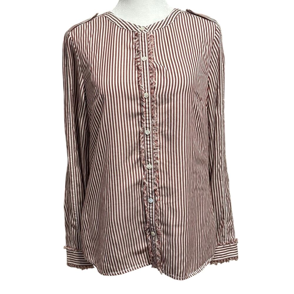 LL Bean Signature Womens Size 4 Button Up Shirt Striped Fray Detail Burgundy - Picture 1 of 6